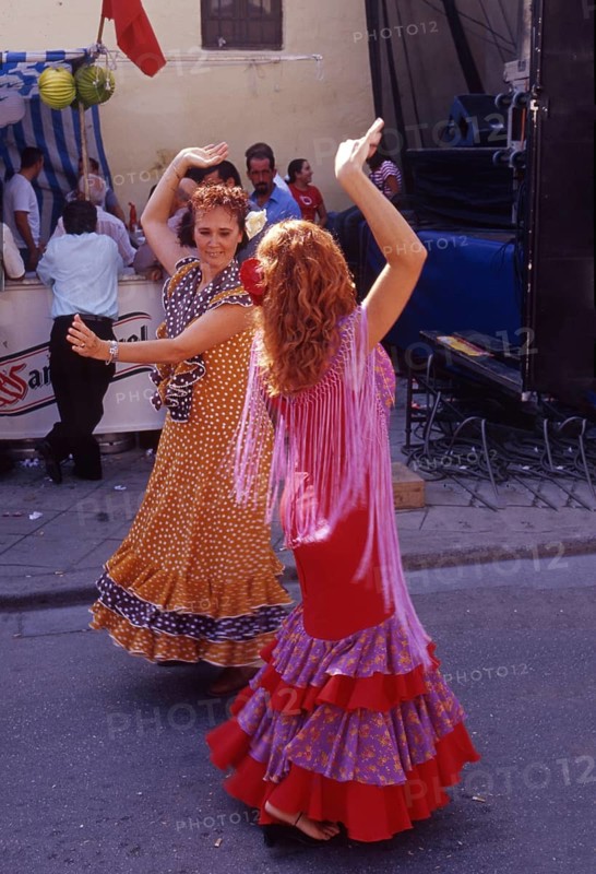 Flamenco dancers at street party in Velez-Malaga, Andalusia, Spain, Southern Europe. Scanned thumbnail slide, Europe