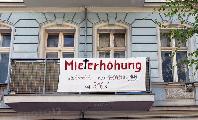 Tenant protest at a block of flats in Berlin's Friedrichshain district. The rent is to be increased from EUR 444.15 to EUR 1404.80, rent increase of 316%, 15 September 2019