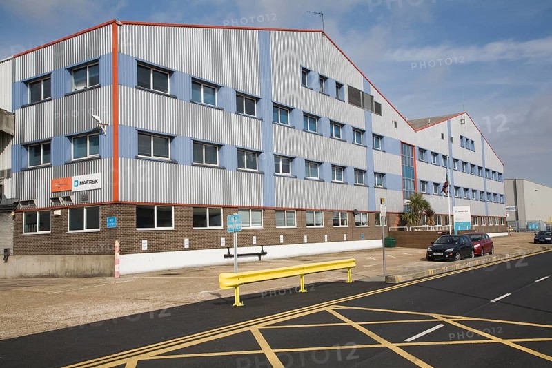 Maersk warehouse and shipping office buildings, Port of Felixstowe, Suffolk, England, United Kingdom, Europe