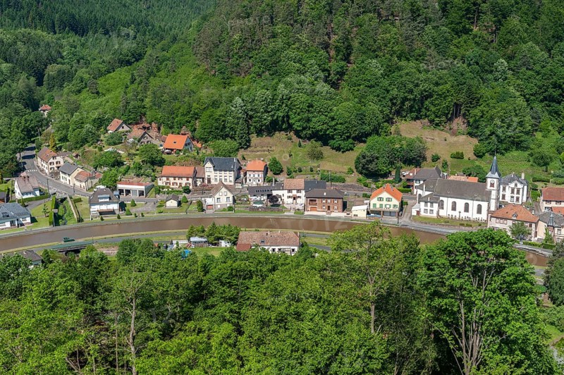 View from the ruins of Luetzelbourg to the village of Lutzelbourg with the Rhine-Marne Canal, Lutzelbourg, Lorraine, France, Alsace, Europe