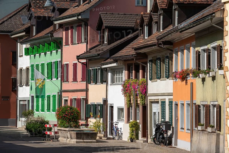 Old town of Dissenhofen on the Rhine, floral decoration, district of Frauenfeld, canton of Thurgau, Switzerland, Europe
