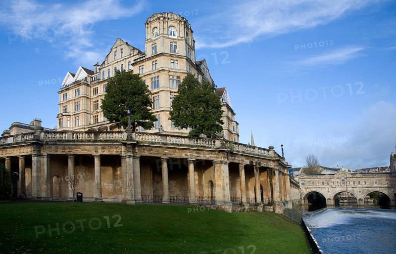 The former Empire Hotel, River Avon and Pulteney Bridge from Parade Gardens, Bath, Somerset, England, United Kingdom, Europe