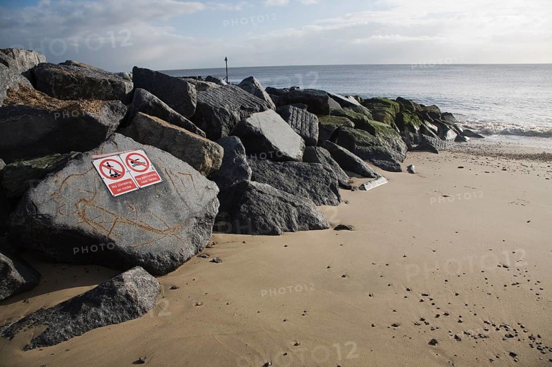 Coastal defences on the North Sea coast in East Anglia at Cobbold's Point, Felixstowe, Suffolk, England, United Kingdom, Europe