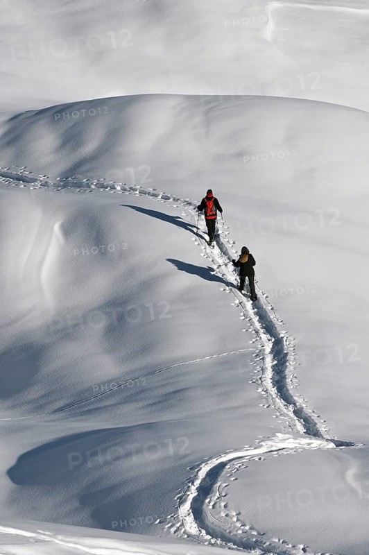 Snowshoe hiking in the Beverin nature park Park, Graubuenden, Switzerland, Europe