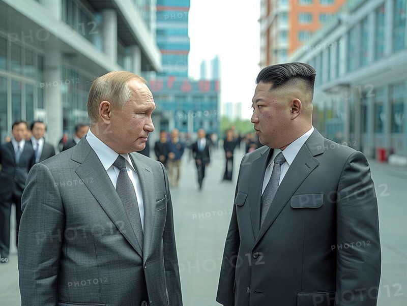 Russian President Vladimir Putin stands with President of Korea Kim Jong Un. AI generated