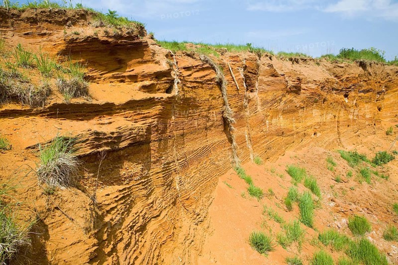 Red crag rock exposed at Buckanay Pit quarry, Alderton, Suffolk, England, United Kingdom, Europe