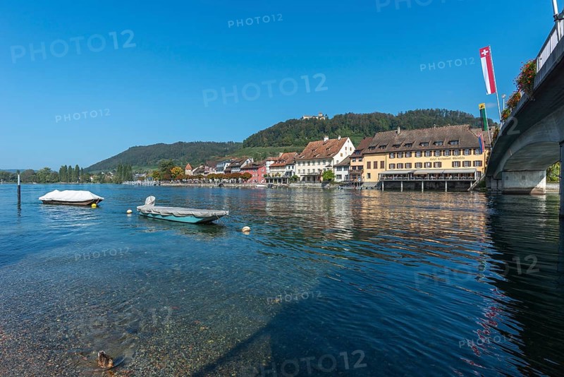 Stein am Rhein, cityscape, panorama, bridge, castle Hohenklingen, mountain, blue sky, canton Schaffhausen, Switzerland, Europe