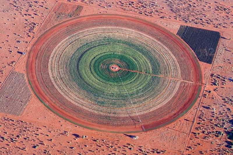 Aerial photo, circular field in the Kalahari desert, agriculture, irrigation, groundwater, alfalfa, field, circular, fodder, fodder, Namibia, Africa