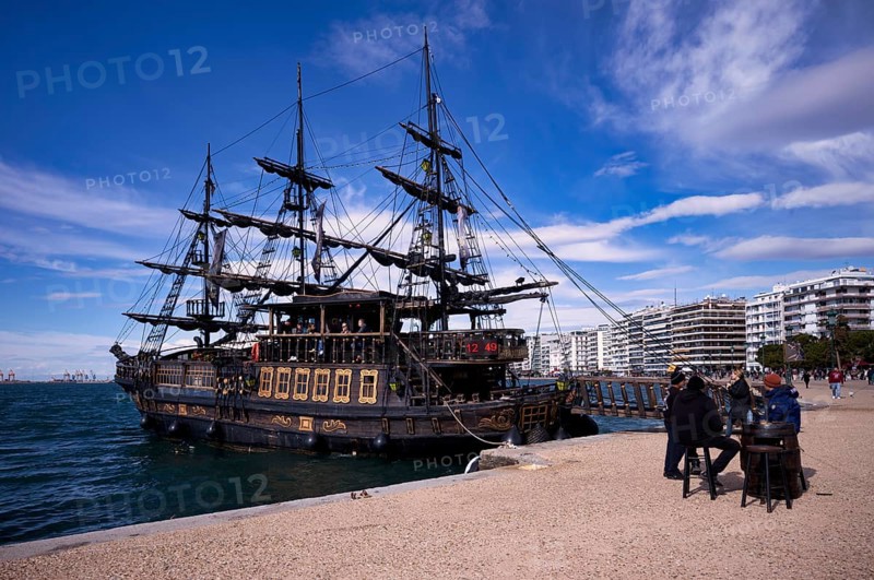 Tourist ship, excursion boat, pirate ship Arabella, Thessaloniki Pirates, anchored on the waterfront, Thessaloniki, Macedonia, Greece, Europe