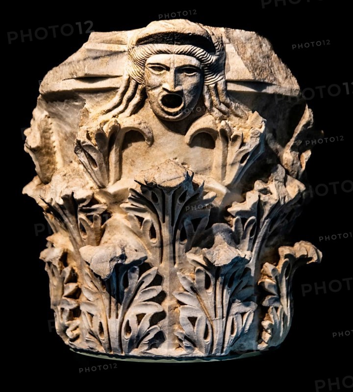Corinthian chapter with a theatre mask, 2nd century, National Archaeological Museum, Villa Cassis Faraone, UNESCO World Heritage Site, important city in the Roman Empire, Friuli, Italy, Aquileia, Friuli, Italy, Europe