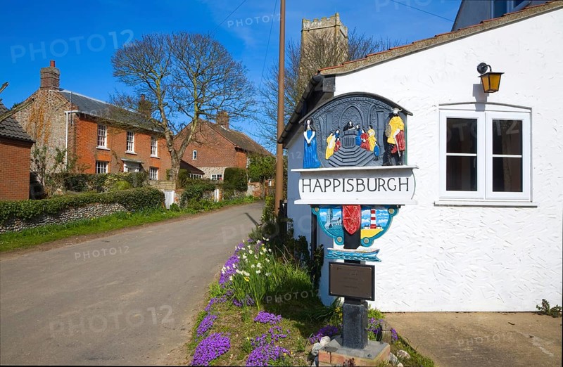 Village sign and houses, Happisburgh, Norfolk, England, United Kingdom, Europe