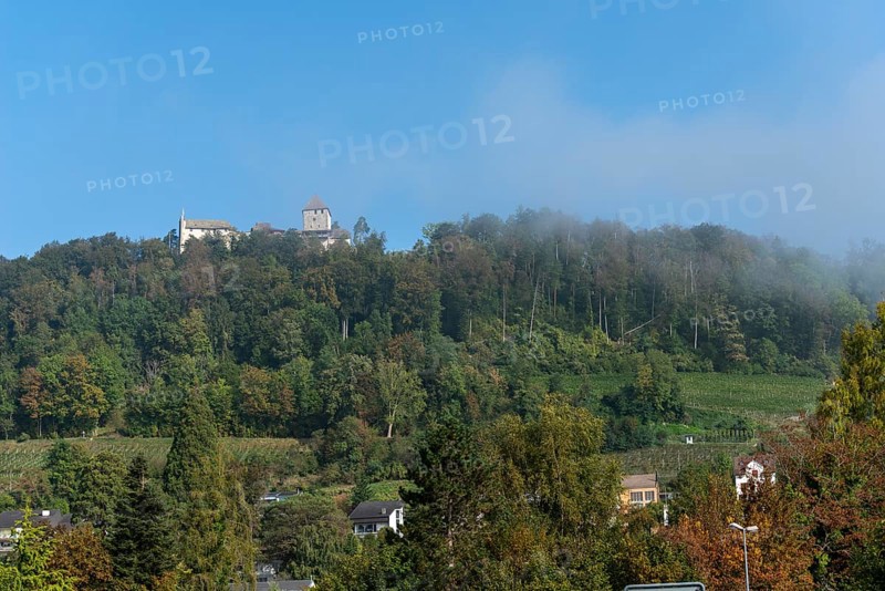 Stein am Rhein, Hohenklingen Castle, mountain, fog, blue sky, Canton Schaffhausen, Switzerland, Europe