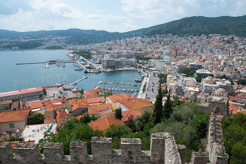 View of a harbour with numerous boats surrounded by city architecture, Kavala, Dimos Kavalas, Eastern Macedonia and Thrace, Gulf of Thasos, Gulf of Kavala, Thracian Sea, Greece, Europe