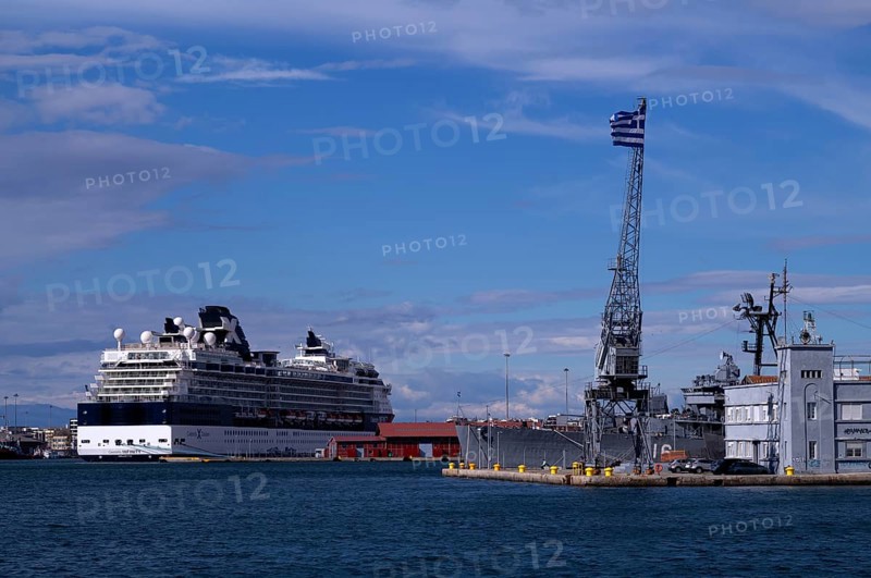 Old or historic harbour, cruise ship of the Celebrity Cruises X shipping line at anchor, warship, Thessaloniki, Thermaic Gulf, Macedonia, Greece, Europe
