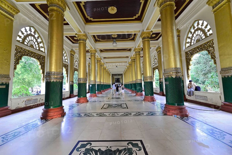 Entrance area, pilgrims in the Shwedagon Pagoda, Yangon, Myanmar, Asia