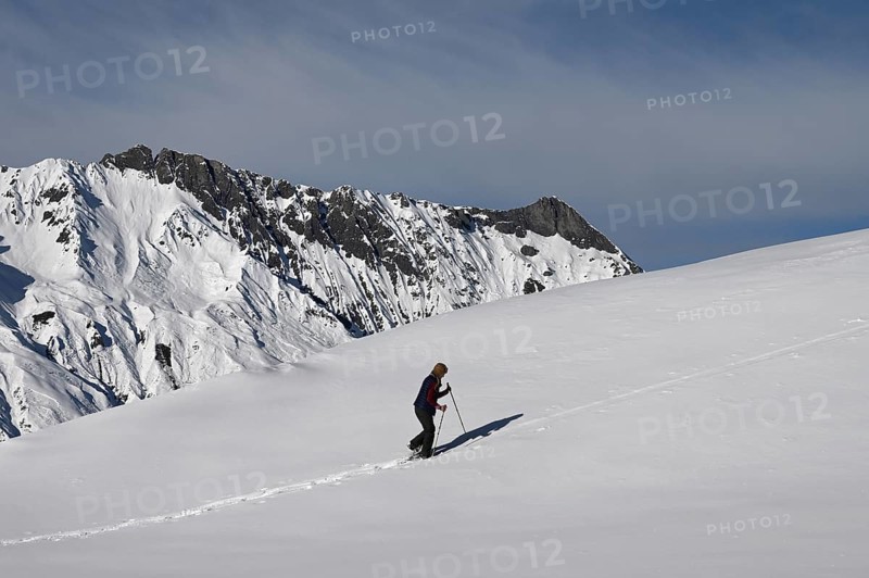 Snowshoe hiking in the Beverin nature park Park, Graubuenden, Switzerland, Europe