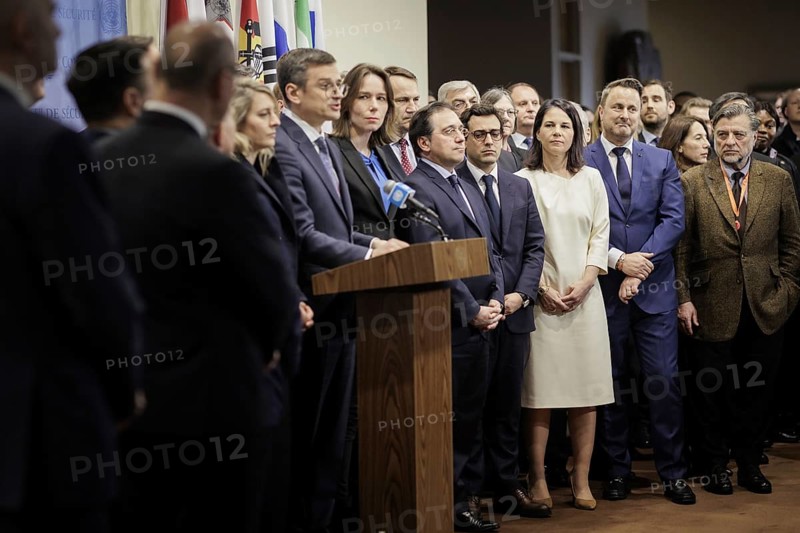 Annalena Baerbock (Alliance 90/The Greens), Federal Foreign Minister, photographed during a participation in the press statement delivered by Dmytro Kuleba, Minister of Foreign Affairs of Ukraine, in New York, 24 February 2024. Annalena Baerbock (Alliance 90/The Greens), travelling to New York on the occasion of the anniversary of the attack on Ukraine. Photographed on behalf of the Federal Foreign Office