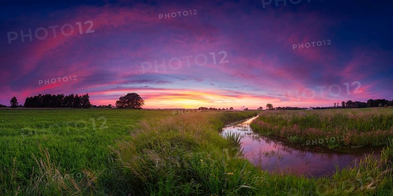 Landscape photo of a moat at sunset, panorama, wind, landscape format, evening light, landscape photography, nature photography, Brokeloh, Nienburg Weser, Lower Saxony, Germany, Europe