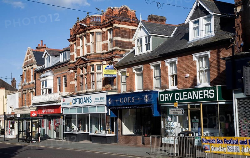 High Street shops in the town centre of Dovercourt, Harwich, Essex, England, United Kingdom, Europe