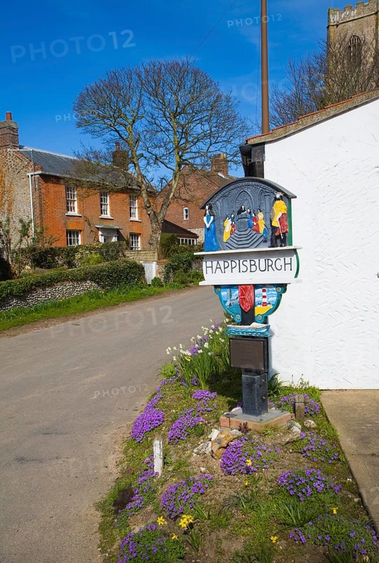 Village sign and houses, Happisburgh, Norfolk, England, United Kingdom, Europe