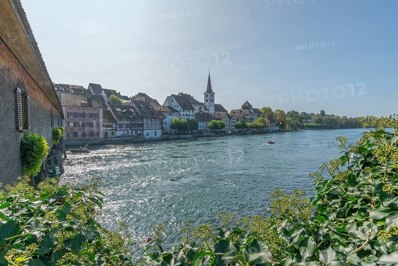 Border town of Dissenhofen on the Rhine, townscape, St Dionys church, wooden bridge, Frauenfeld district, Canton Thurgau, Switzerland, Europe