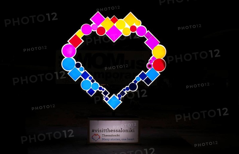 Night shot, official symbol, logo, motto for Thessaloniki, Many Stories, One Heart, Macedonia, Greece, Europe