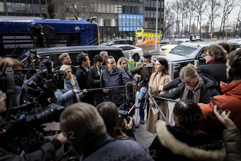 Annalena Baerbock (Alliance 90/The Greens), Federal Foreign Minister, photographed during a press statement in New York, 24.02.2024. Annalena Baerbock (Alliance 90/The Greens), travelling to New York on the occasion of the anniversary of the attack on Ukraine. Photographed on behalf of the Federal Foreign Office