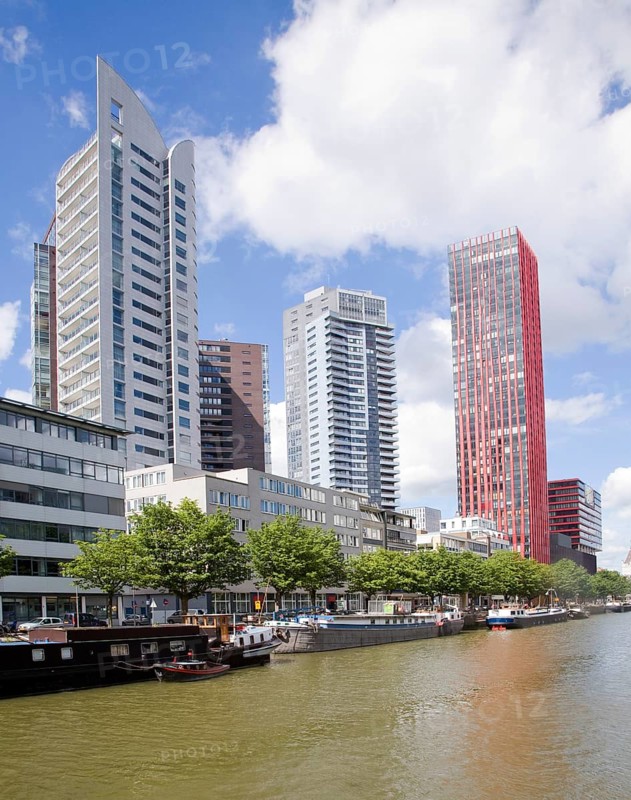 High rise office blocks and Red Apple residential apartments from Scheepmakers Haven, Rotterdam, Netherlands