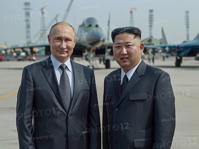 Russian President Vladimir Putin stands with President of Korea Kim Jong Un. AI generated