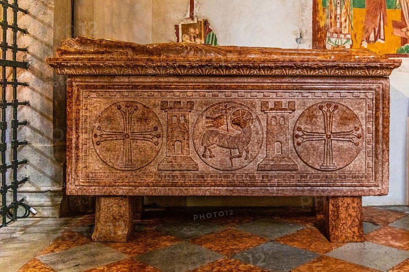 Sarcophagus, Basilica of Aquileia from the 11th century, largest floor mosaic of the Western Roman Empire, UNESCO World Heritage Site, important city in the Roman Empire, Friuli, Italy, Aquileia, Friuli, Italy, Europe