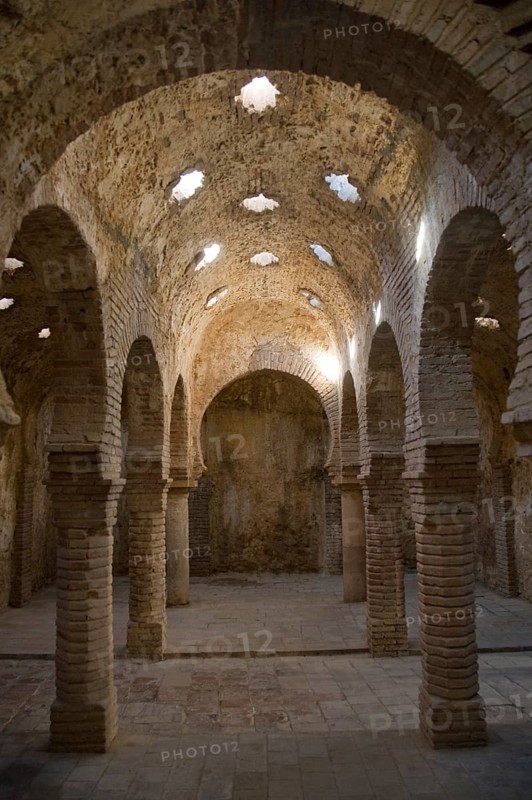Star shaped skylights in vaulted roof of Arab Baths, Banos Arabes, Ronda, Spain, Europe