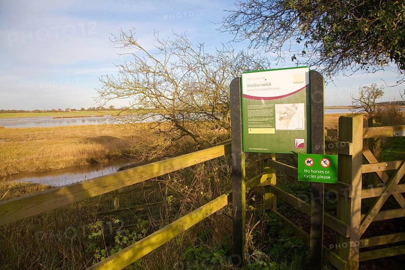 Sign for Walberswick National Nature reserve wetland environment marshes Blythburgh, Suffolk, England, United Kingdom, Europe