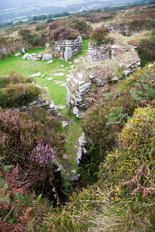 Chysauster Ancient Village is a late Iron Age and Romano-British village of courtyard houses in Cornwall, England, United Kingdom, Europe