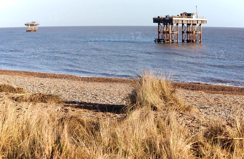 Offshore water intake and outlet towers supply cooling water to Sizewell nuclear power station, near Leiston, Suffolk, England, United Kingdom, Europe