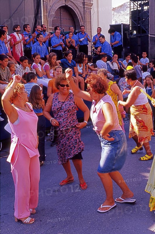 Elderly women dance flamenco at street party in Velez-Malaga, Andalusia, Spain, Southern Europe. Scanned thumbnail slide, Europe