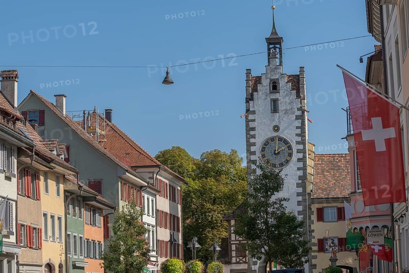 Old town of Dissenhofen on the Rhine, town gate, tower clock with zodiac sign, Swiss flag, Frauenfeld district, Canton Thurgau, Switzerland, Europe