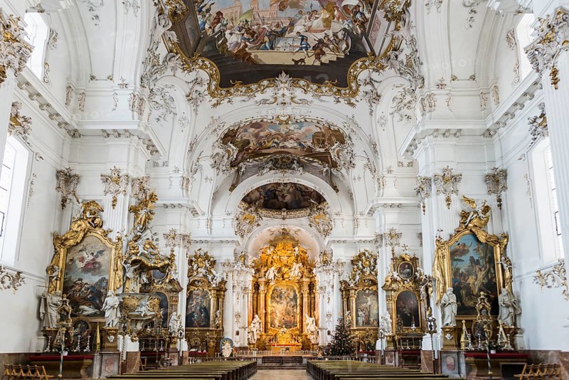 Baroque church, interior view, Marienmuenster, Diessen, Ammersee, Fuenfseenland, Pfaffenwinkel, Upper Bavaria, Bavaria, Germany, Europe