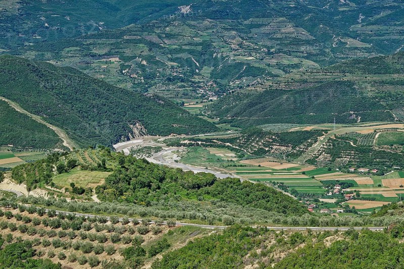 The valley of the river Osum on the western slope of the Tomorr massif and the southern Albanian mountain landscape m Tomorr National Park, also known as Tomorri National Park. Berat, Albania, Southeast Europe, Europe