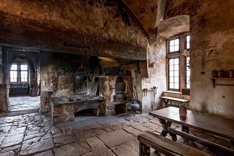 Kitchen with fireplace, hob and soot-blackened ceiling, soot, medieval knight's castle, Ronneburg Castle, Ronneburger Huegelland, Main-Kinzig district, Hesse, Germany, Europe