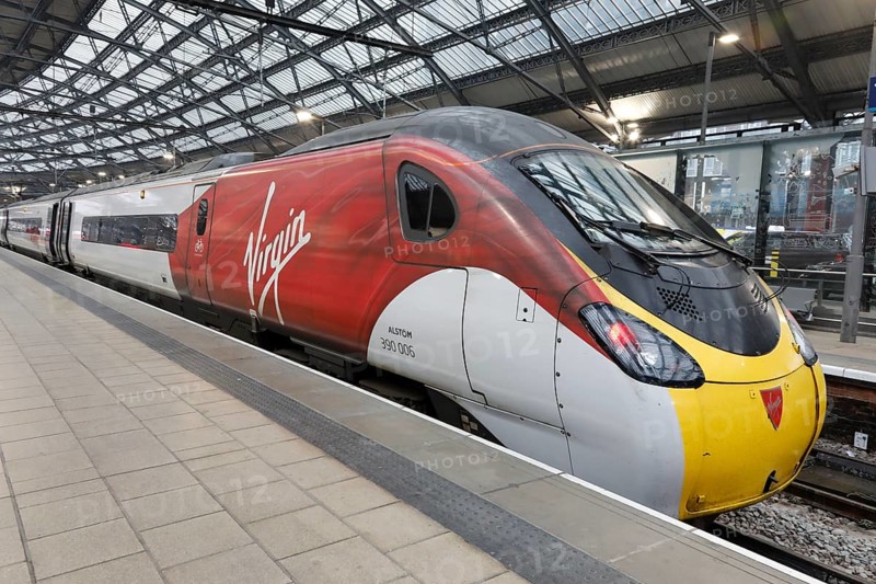 A Virgin Train at Liverpool station. The vehicles of the British Class 390, also known as Pendolino Britannico, are electrically powered tilting trains operated by the railway company Virgin Trains on the West Coast Main Line in the United Kingdom, 01/03/2019
