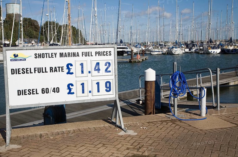Diesel fuel prices at Shotley marina, Suffolk, England photographed in 2012