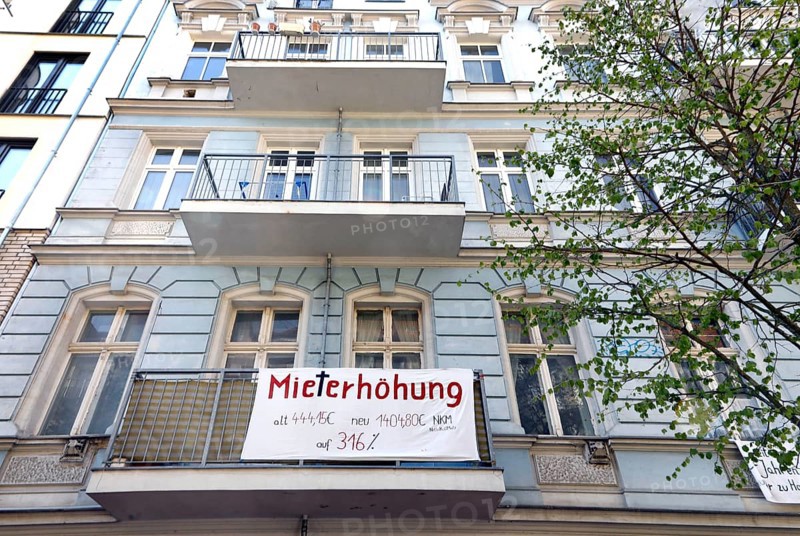 Tenant protest at a block of flats in Berlin's Friedrichshain district. The rent is to be increased from EUR 444.15 to EUR 1404.80, rent increase of 316%, 15 September 2019