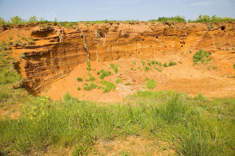 Red crag rock exposed at Buckanay Pit quarry, Alderton, Suffolk, England, United Kingdom, Europe