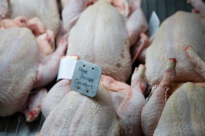 Free range chickens high quality food on display at Suffolk Food Hall, Wherstead, Suffolk, England, United Kingdom, Europe