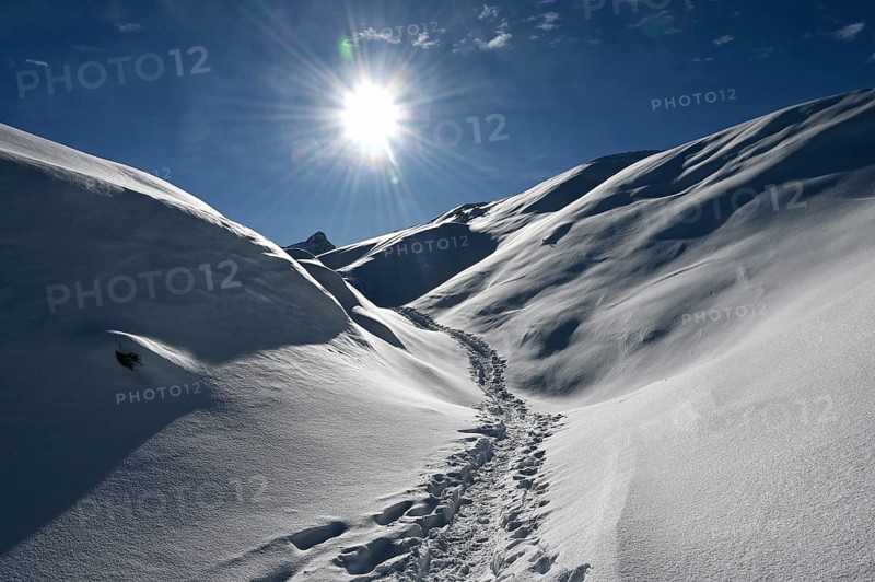 Snowshoe hiking in the Beverin nature park Park, Graubuenden, Switzerland, Europe