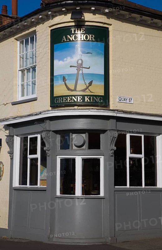 Sign and building detail of the Anchor pub in Quay Street, Woodbridge, Suffolk, England, United Kingdom, Europe