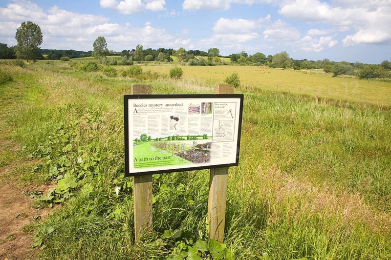 Information board at site of prehistoric trackway, Beccles, Suffolk, England, United Kingdom, Europe