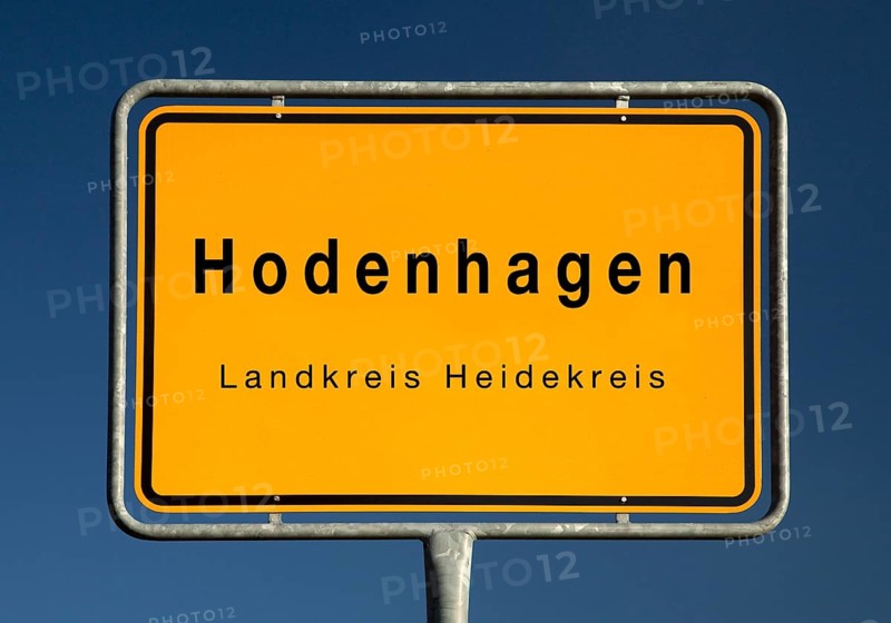 Town sign Hodenhagen, municipality in the district of Heidekreis, Lower Saxony, Germany, Europe