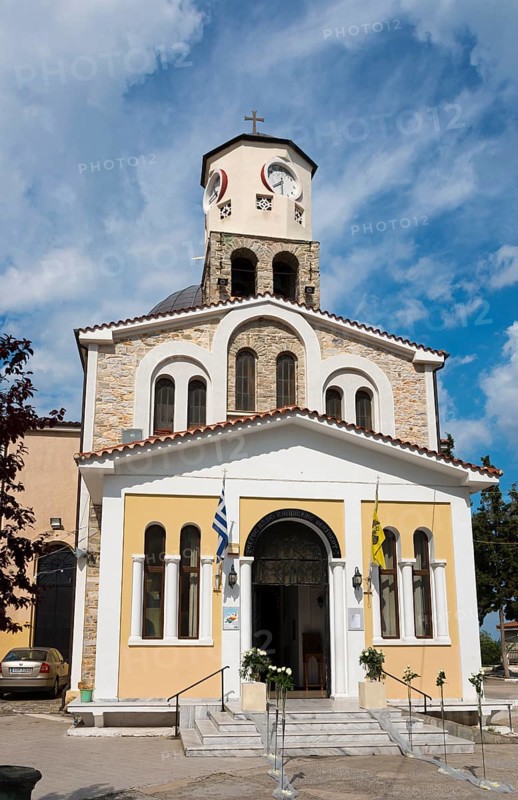 Facade of an orthodox church with a bell tower and Greek flag, Holy Church of the Assumption, Old Town, Kavala, Dimos Kavalas, Eastern Macedonia and Thrace, Gulf of Thasos, Gulf of Kavala, Thracian Sea, Greece, Europe