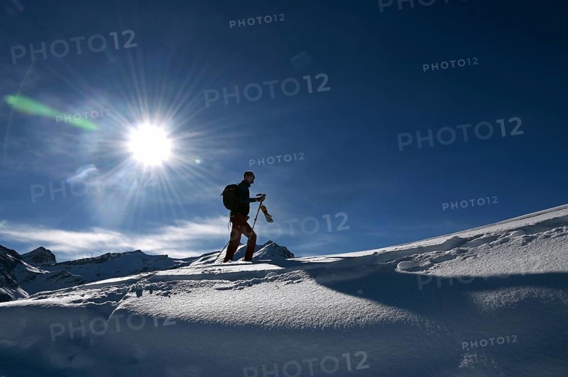 Snowshoe hiking in the Beverin nature park Park, Graubuenden, Switzerland, Europe